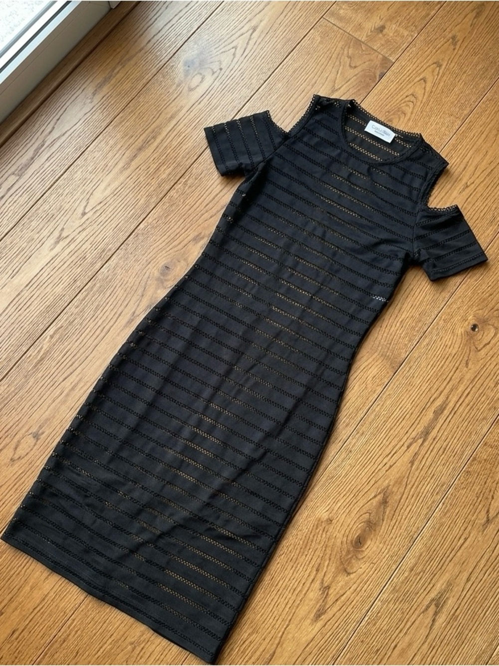 NWOT Calvin Klein Black Mesh Stripe Cold Shoulder Cover-Up Dress
